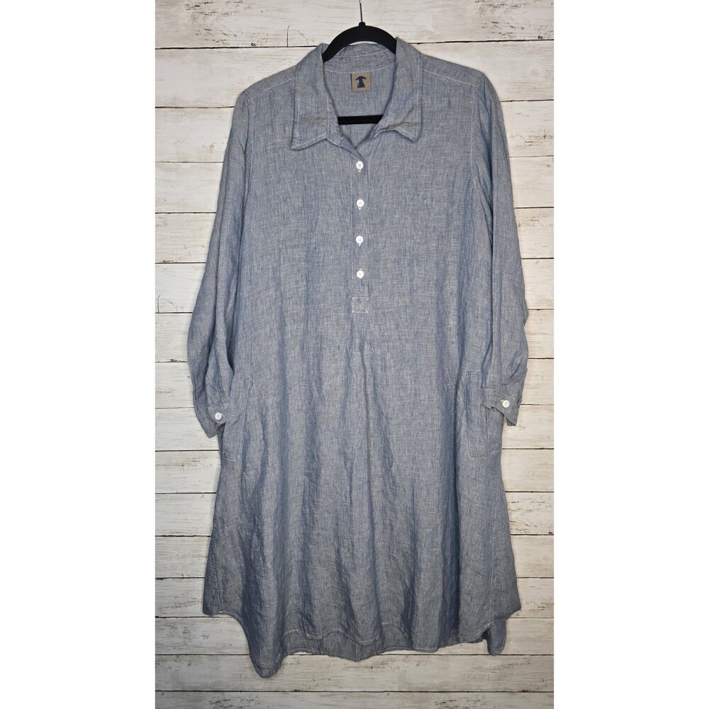 Homefrocks Linen Dress Womens Large Blue Hand Dyed Button Front Pockets - Stain